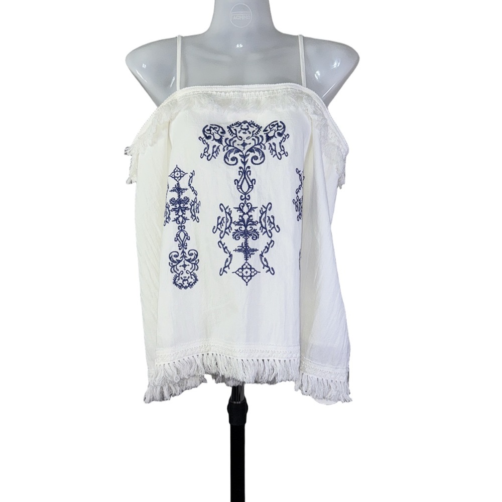 Shein Vaca white  and Blue Embroidered Women's Top XL